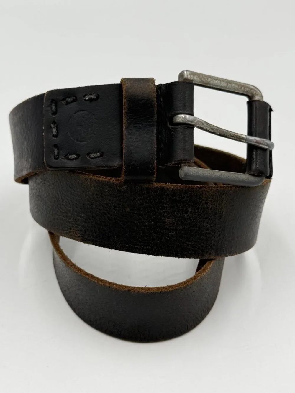 Timberland Genuine Leather Belt Size 36 Brown Silver Buckle 1.5